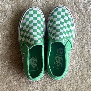 Vans Womens Green and White Checkered Slip-On Sneakers
